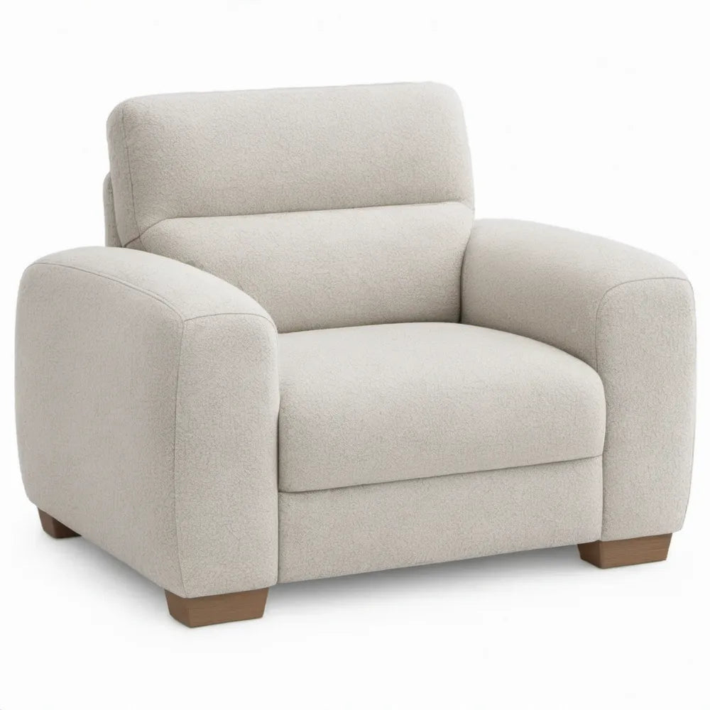 Crèmekleurige bouclé fauteuil met bruine houten poten, 94 x 88 x 84 cm