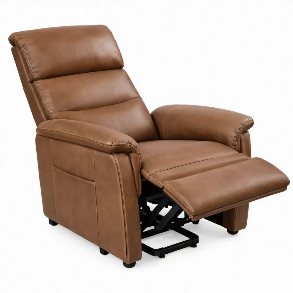 Cognacbruine relaxfauteuil van PU-kunstleer met handmatig verstelbare rugleuning en voetensteun, 86 x 94-165 x 102 cm