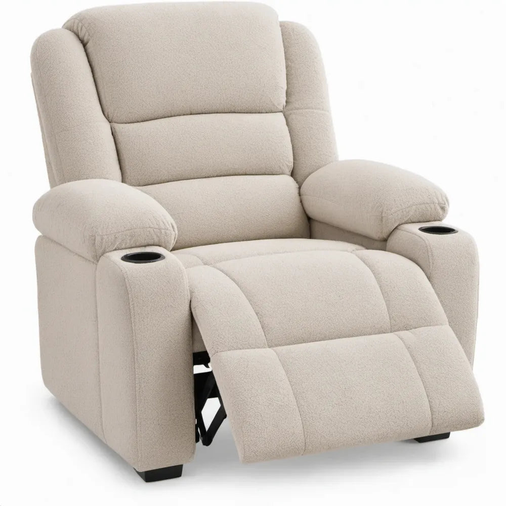 Crème relaxfauteuil met handmatig verstelbare rugleuning, voetensteun en bekerhouders, 91 x 94 x 103 cm