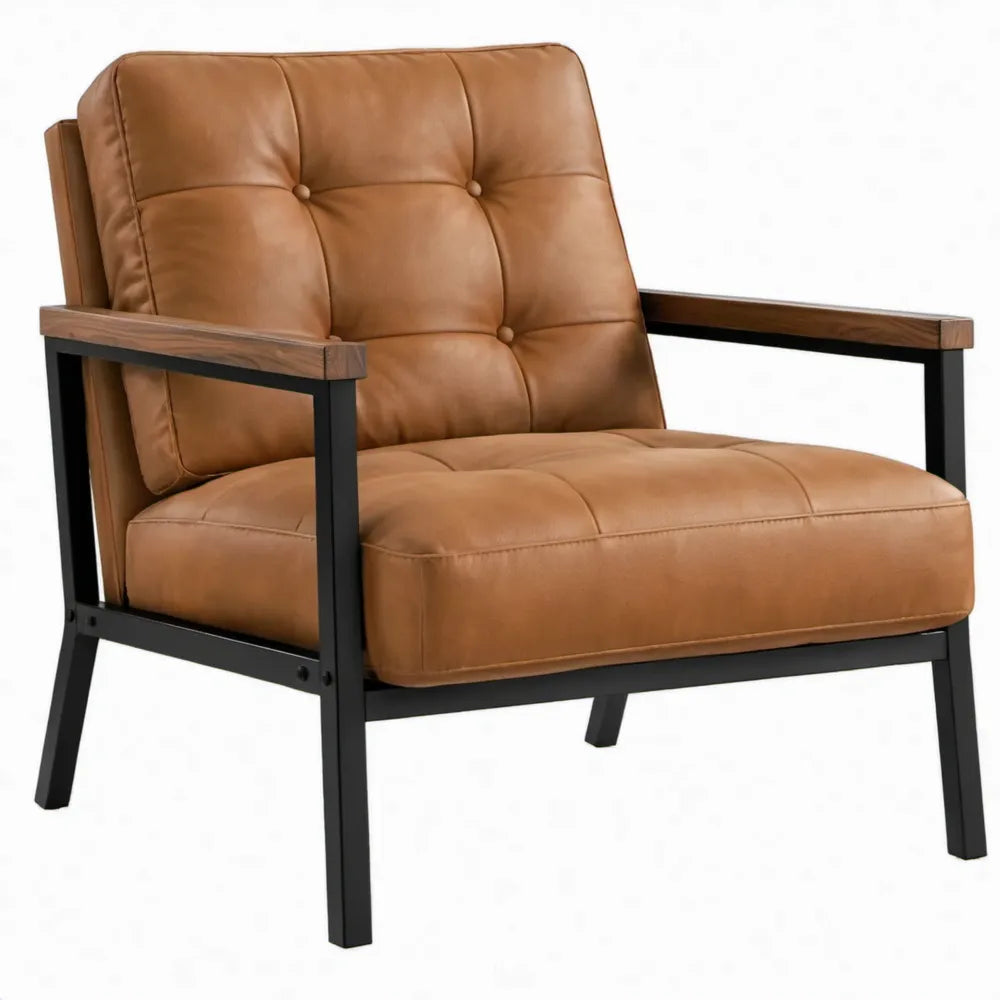 Fauteuil met armleuningen 68 x 78 x 86 cm in cognacbruin PU-kunstleer met zwart staal en rubberhout