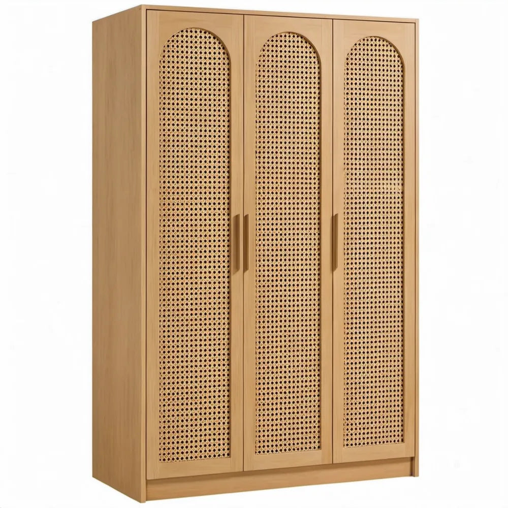 3-deurs garderobekast 120 x 55 x 200 cm in licht eiken met naturel rotan