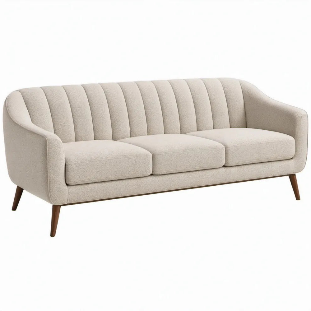 Driezitsbank 220 x 90 x 82 cm in crèmekleurig bouclé met donkerbruine houten poten