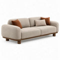 Beige 3-zitsbank van bouclé polyester met bruin rubberhouten onderstel, 220 x 95 x 78 cm