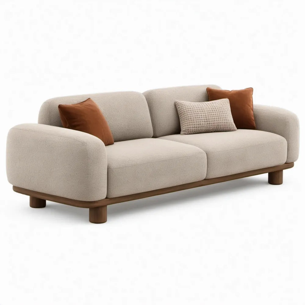 Beige 3-zitsbank van bouclé polyester met bruin rubberhouten onderstel, 220 x 95 x 78 cm