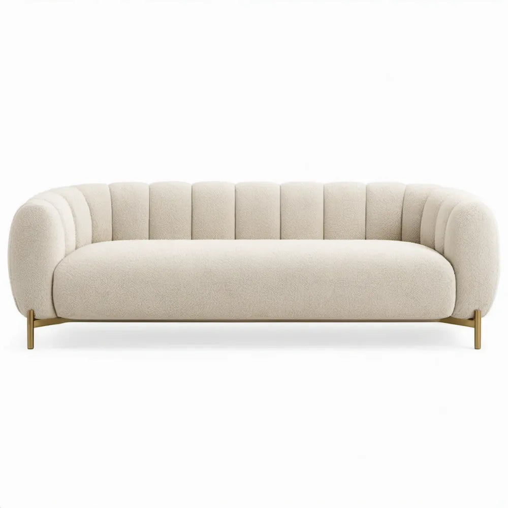 Gebogen bouclé polyester in crème met goudkleurige stalen poten, 220 x 90 x 75 cm