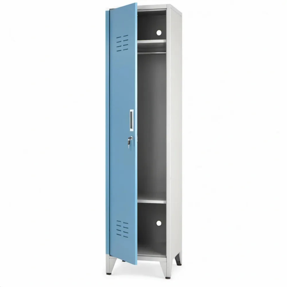 Metalen locker met sleutelcilinderslot en 2 planken, 180 x 38 x 45 cm, blauw/grijs
