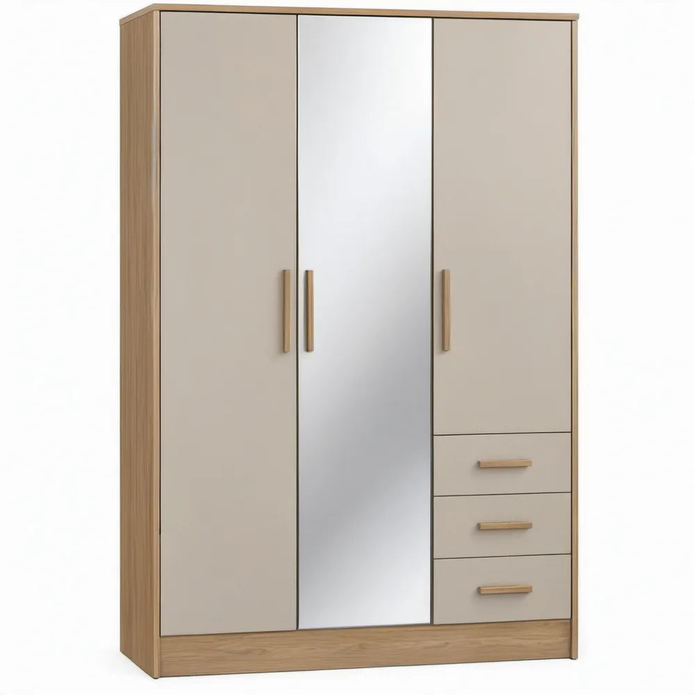 Kledingkast met 3 deuren, spiegel en 3 laden - 120 x 52 x 190 cm - Beige/Eikenkleurig