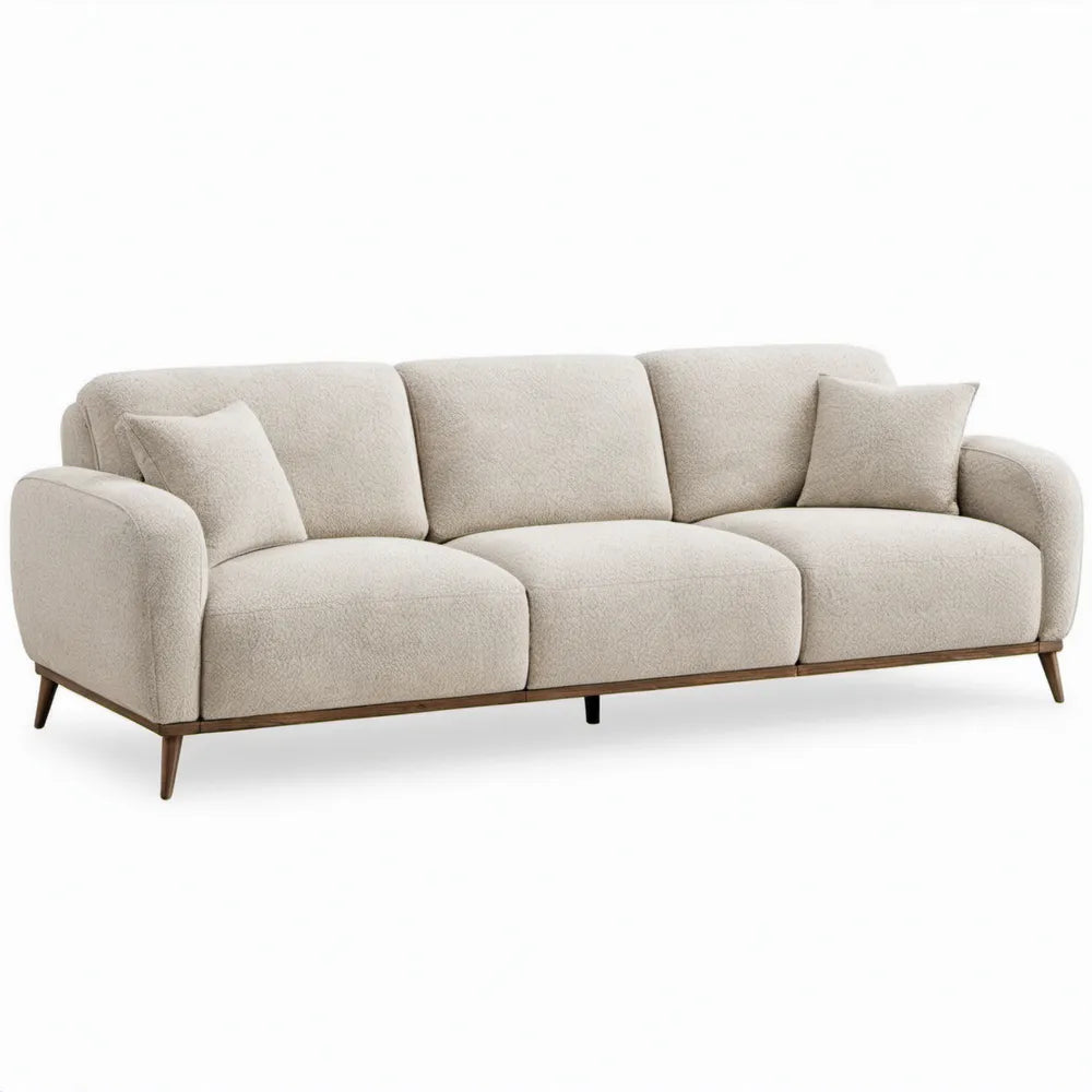 Crèmekleurige 3-zitsbank van bouclé met rubberhouten poten, 230 x 95 x 85 cm