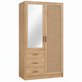 Kledingkast met spiegel, rotan deur en 3 lades, 100 x 50 x 200 cm, naturel eiken en beige