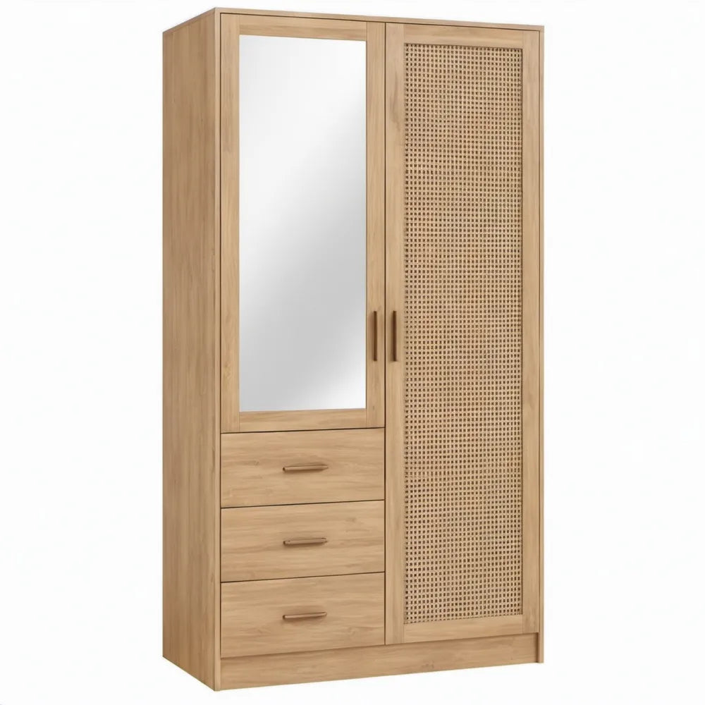 Kledingkast met spiegel, rotan deur en 3 lades, 100 x 50 x 200 cm, naturel eiken en beige