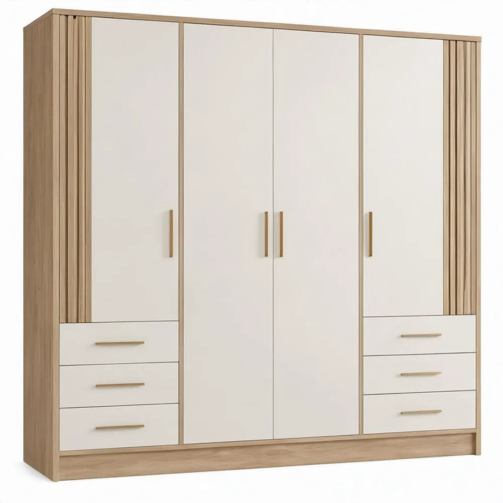 Kledingkast met 4 deuren en 6 laden, 200 x 52 x 210 cm, wit en eikenkleurig