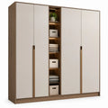 Kledingkast 200 x 60 x 220 cm in wit en walnootkleur met 4 draaideuren, open vakken en verlichting