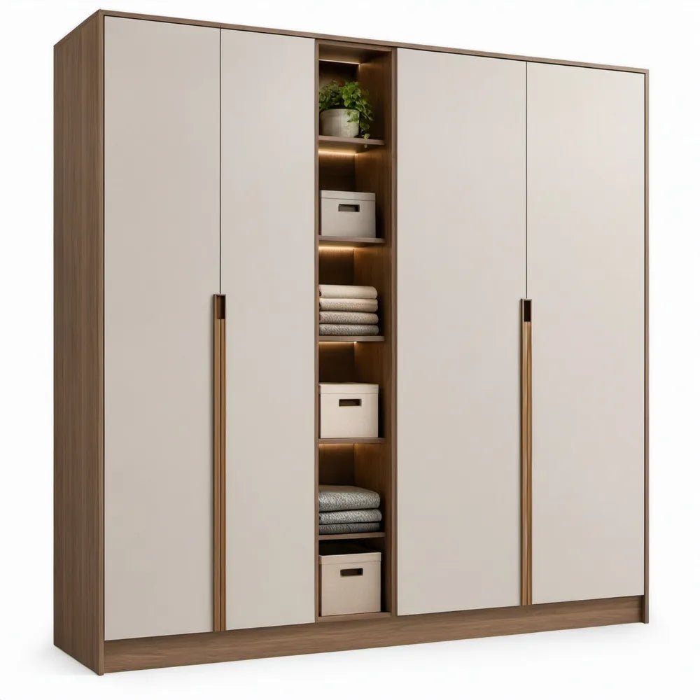 Kledingkast 200 x 60 x 220 cm in wit en walnootkleur met 4 draaideuren, open vakken en verlichting