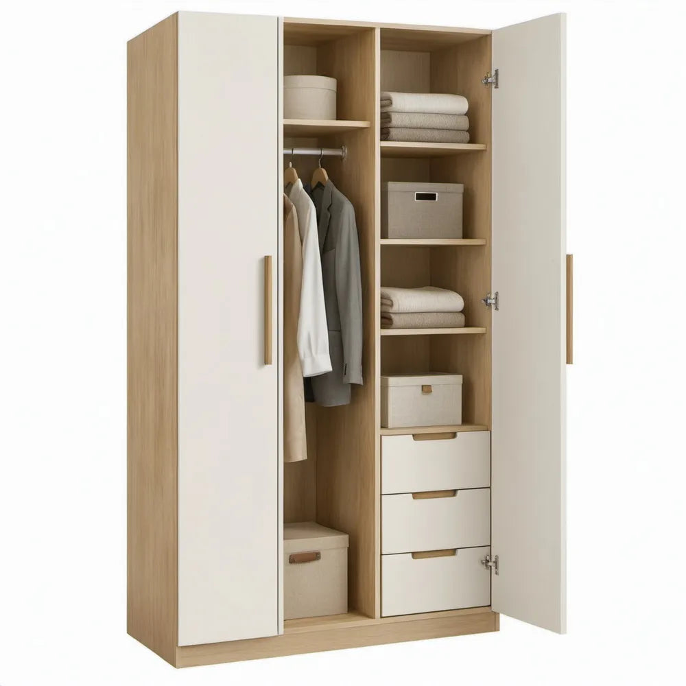 Kledingkast met 2 deuren, 3 laden, kledingroede en legplanken – 120 x 52 x 200 cm – Wit/Naturel eiken