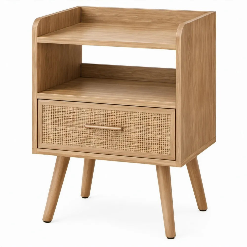 Nachtkastje met 1 lade en 2 open vakken, 40 x 35 x 61 cm, naturel eikenbruin/beige