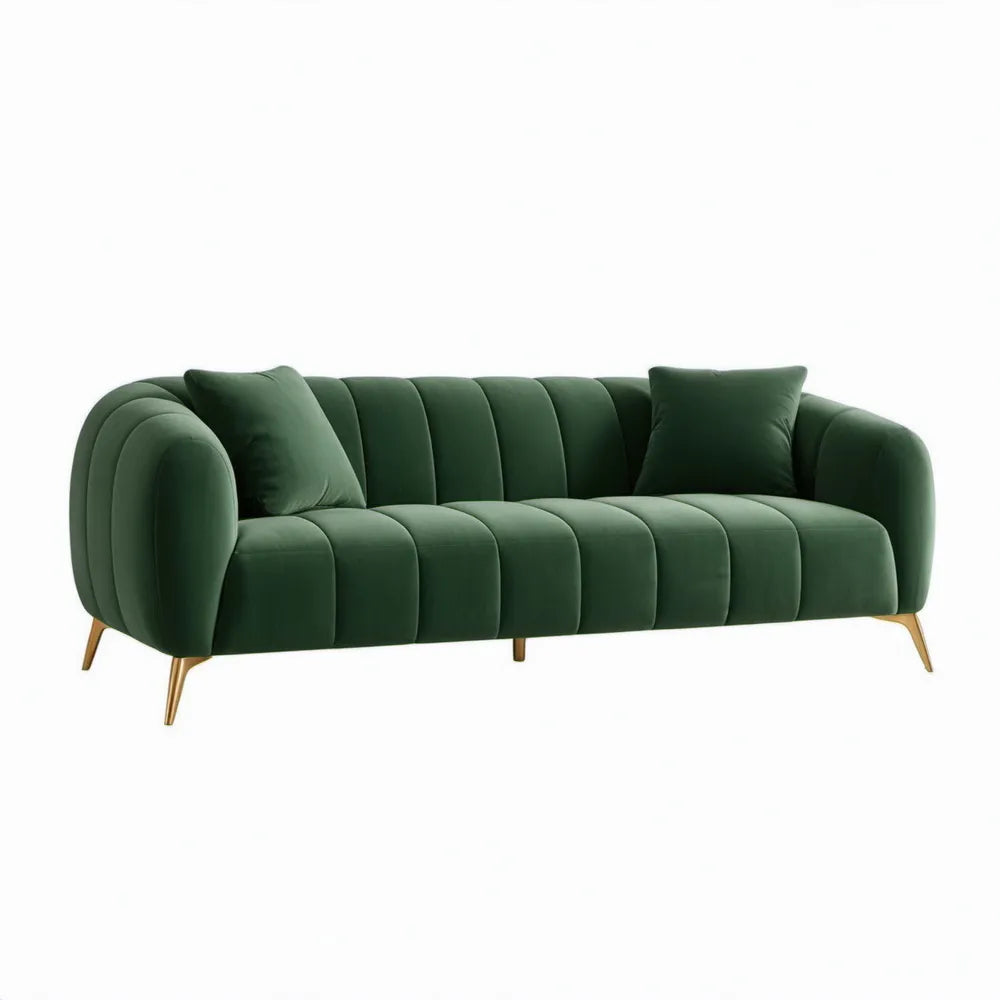 Donkergroene fluwelen 3-zitsbank met goudkleurige poten, 210 x 85 x 75 cm