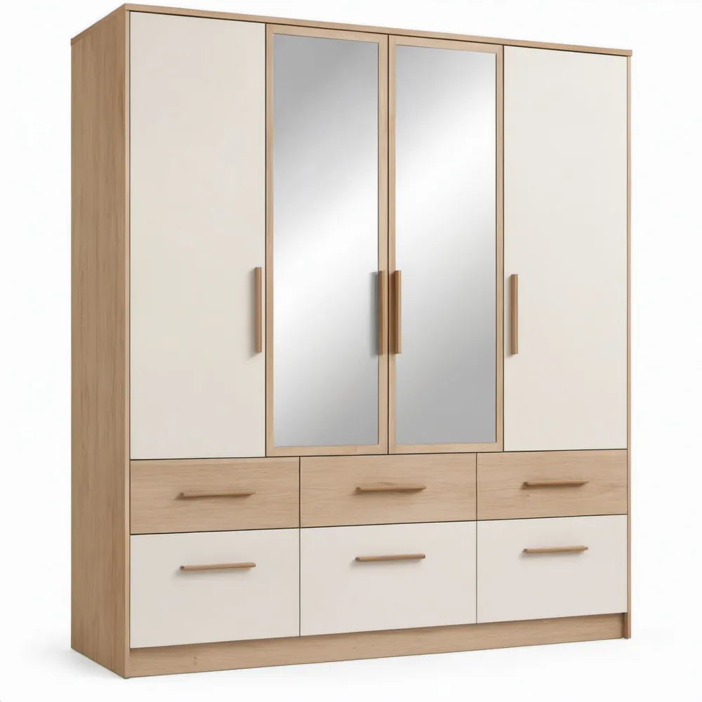 Kledingkast met 4 deuren, 6 laden en 2 spiegels - 180 x 52 x 200 cm - Wit/Eikenkleurig/Zilver