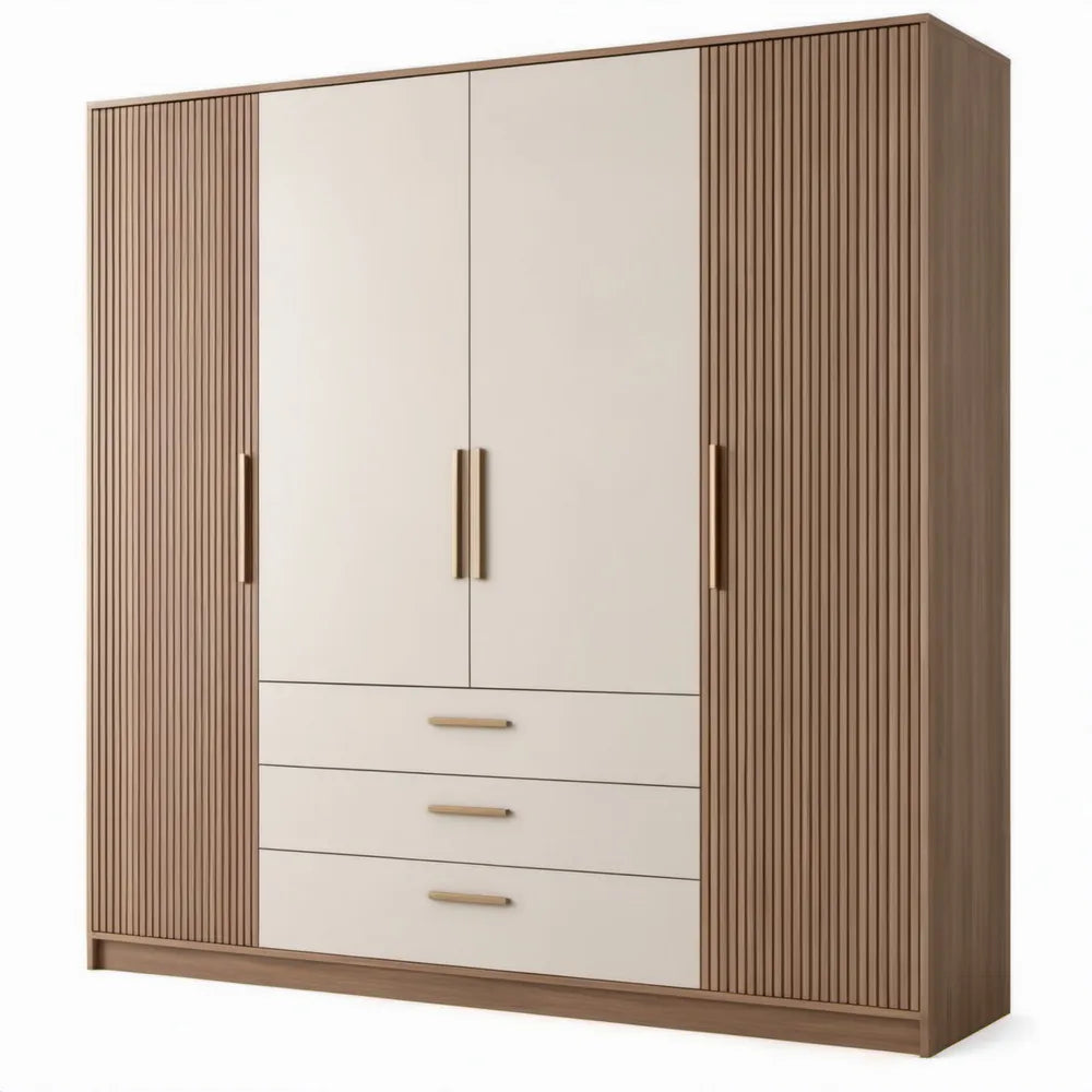 Kledingkast met 4 deuren en 3 lades, 200 x 60 x 210 cm, beige/walnootkleurig/goudkleurig