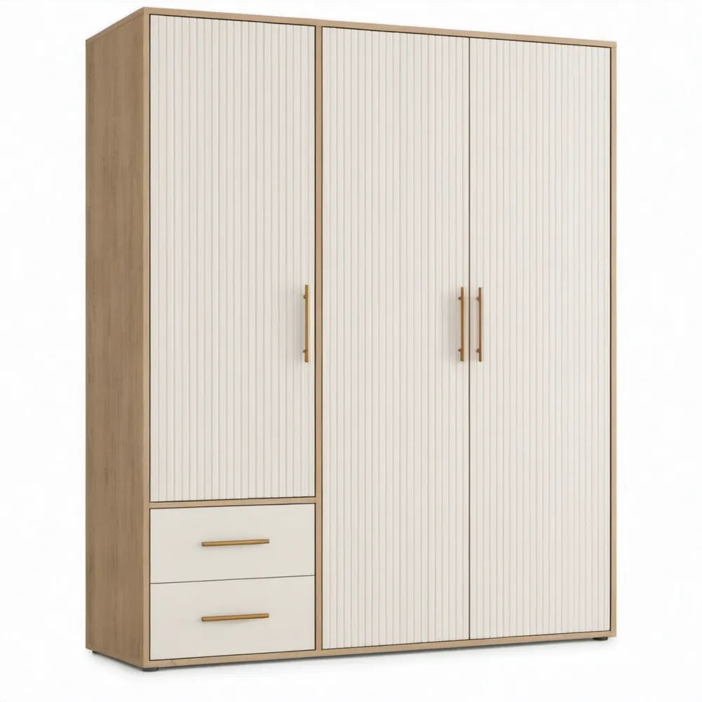 Kledingkast met 3 deuren en 2 lades, 180 x 60 x 200 cm, eikenkleurig/crème/goudkleurig