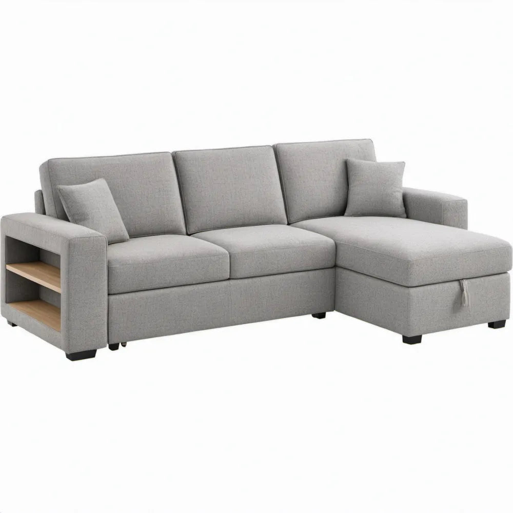 Lichtgrijze hoekbank met rechter chaise longue en opbergvak, 240 x 150 x 85 cm