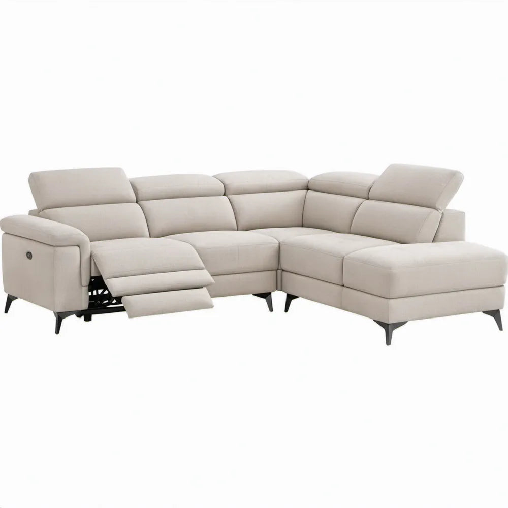 Crèmekleurige hoekbank met elektrische relaxfunctie en chaise longue rechts, 300 x 220 x 100 cm