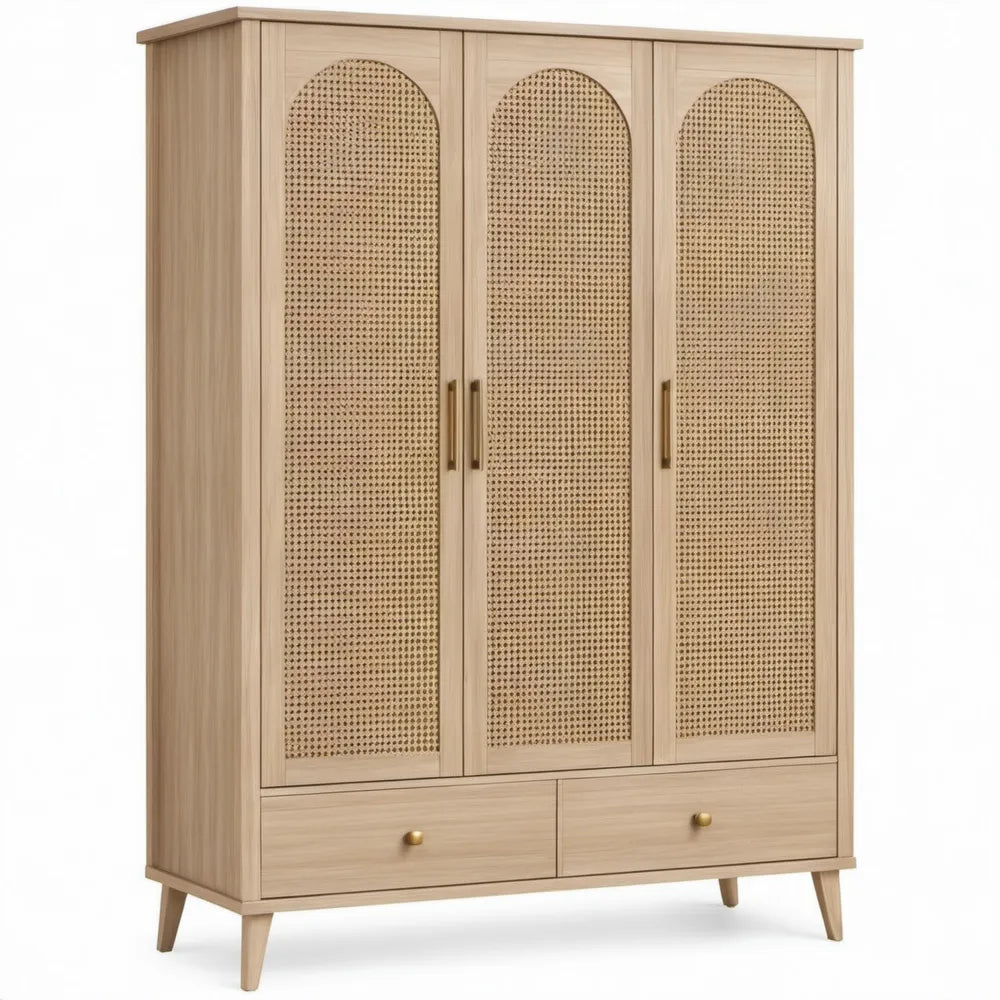 Naturel/Beige kledingkast met 3 deuren en 2 lades, rotan details, 120 x 50 x 180 cm