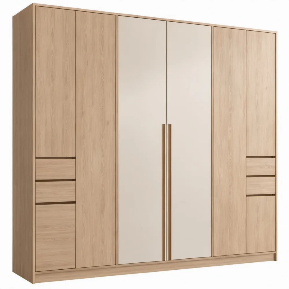 6-deurs kledingkast met 6 laden, eikenhoutkleurig/wit, 270 x 58 x 210 cm