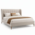 Gestoffeerd tweepersoonsbed 160 x 200 cm Beige met hoog hoofdbord en houten poten