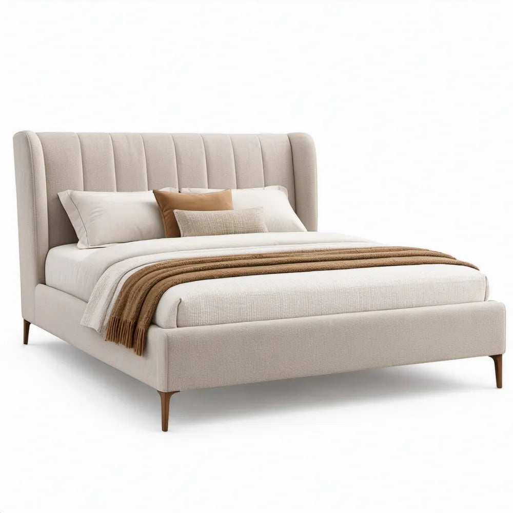 Gestoffeerd tweepersoonsbed 160 x 200 cm Beige met hoog hoofdbord en houten poten