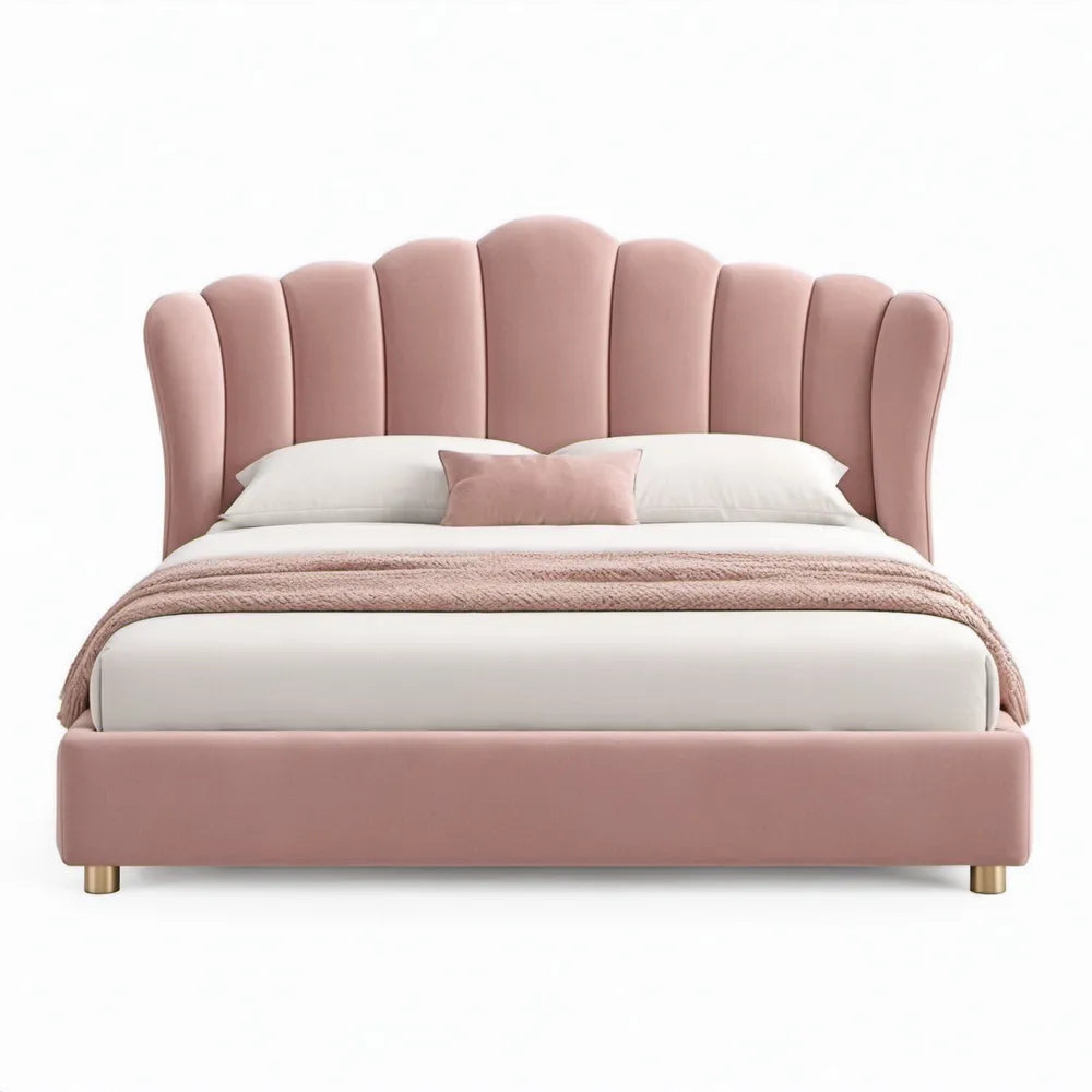 Roze gestoffeerd tweepersoonsbed 160 x 200 cm met gebogen hoofdbord en goudkleurige poten